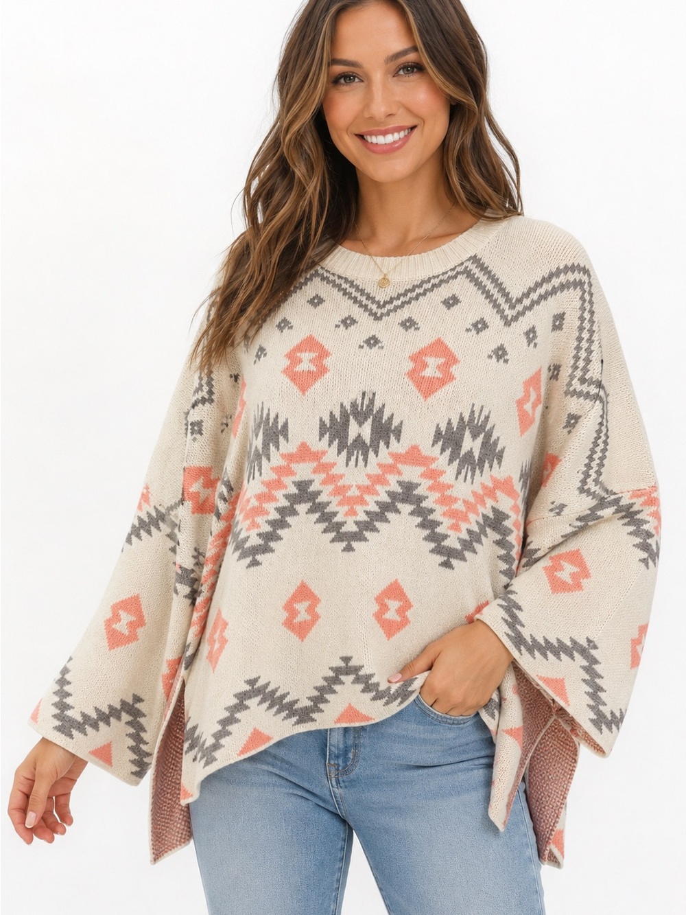 En Crème Southwestern Aztec Oversized Knit Poncho Sweater M/L Cream Pink Gray